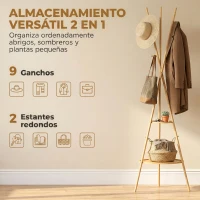 HOMCOM Perchero de Pie de Bambú Perchero para Ropa con 2 Estantes y 9 Ganchos Diseño Elegante 58,5x58,5x176 cm Natural(m-4)