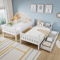 Space‑Saving Children's Bunk Bed with Safe Three-Step Ladder, Versatile Storage Bed with Under-Bed Sliding Drawers, 198L x 98W x 152H cm, White(m-7)