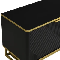 Modern TV Cabinet with 4 Geometric Embossed Doors and Open Top Shelf, Spacious TV Stand with Hidden Storage, 160L x 37.5W x 48H cm, Black(m-6)
