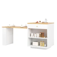 Extendable Kitchen Island with LED Colour Lighting, Space-Saving Dining Bar with 4 Drawers and Open Shelf, 195.5L x 70W x 93.5H cm, White(m-9)