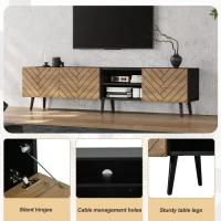 Modern Geometric TV Cabinet with Herringbone Fronts, Industrial-Style TV Stand with Solid Wood Legs, 180L x 33.5W x 45H cm, Black+Oak(m-6)