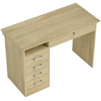 HOMCOM Bureau moderne avec 5 tiroirs, grand plateau, 1 compartiment ouvert, tiroir verrouillable, 110 x 50 x 76cm, chêne(m-1)