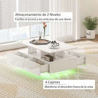 HOMCOM Mesa de Centro LED Moderna con 4 Cajones Estante Abierto y Luces LED de 16 Colores para Salón 90x55x41 cm Blanco Brillo(m-5)