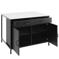 Standing Bar Table with Marble-Effect MDF Top and Solid Iron Legs, Marble Kitchen Island Table with Adjustable Shelves, 100L x 90W x 90H cm, Black(m-2)