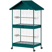PawHut Cage à oiseaux sur roulettes avec séparateur amovible, 4 mangeoires et 2 perchoirs, 2 plateaux coulissants, 94x70x158cm(m-19)