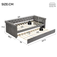 Upholstered Single Daybed Sofa Bed with Sturdy Slatted Base, Convertible Bed-to-Sofa with Padded Velvet Headboard, 221L x 98.5W x 71.5H cm, Grey(m-3)