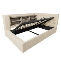 Upholstered Daybed with Hydraulic Under-Bed Storage, Beige Linen Sofa Bed with App-Controlled LED Lighting, 203L x 108W x 86H cm, Beige(m-12)