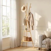 HOMCOM Perchero de Pie de Bambú Perchero para Ropa con 2 Estantes y 9 Ganchos Diseño Elegante 58,5x58,5x176 cm Natural(m-8)