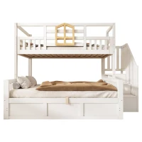 Twin Over Full Bunk Bed with Solid Pine and MDF Construction, Wooden Cabin Bed with Hydraulic Under-Bed Storage, 243L x 144W x 172H cm, White(m-2)