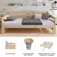 Stylish Cabin Bed with Pull-Out Trundle and Practical Storage, Natural Finish Wooden Bed Frame with MDF Slatted Base, 196L x 187W x 73H cm, Natural(m-4)