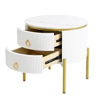 Modern Side Table with Marble-Effect Top and 2 Drawers, Durable Coffee Table with Adjustable Legs, 50L x 50W x 51H cm, White(m-12)