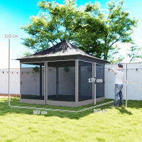 Outsunny Gazebo da Giardino ad Altezza Regolabile con Zanzariera, in Poliestere e Metallo, 357x357x310 cm, Grigio Scuro(m-3)