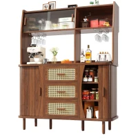 Rattan-Look Front Sideboard with Smooth-Running Glass Sliding Doors, Space-Saving Storage Cabinet with 3 Drawers, 140L x 40.5W x 174.5H cm, Walnut(m-12)