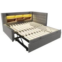 Upholstered Daybed with Pull-Out Trundle and Space-Saving Storage, Versatile Grey Linen Bed Frame with LED Lighting, 204L x 107W x 88H cm, Grey(m-12)
