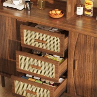 Rattan-Look Front Sideboard with Smooth-Running Glass Sliding Doors, Space-Saving Storage Cabinet with 3 Drawers, 140L x 40.5W x 174.5H cm, Walnut(m-9)