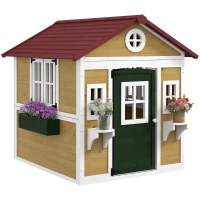 Outsunny Wooden Playhouse with Doors, Windows, Plant Pots, Boxes, for 3-8 Years - Beige(m-1)