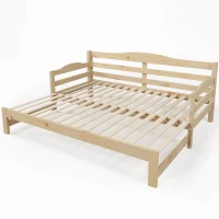 Stylish Cabin Bed with Pull-Out Trundle and Practical Storage, Natural Finish Wooden Bed Frame with MDF Slatted Base, 196L x 187W x 73H cm, Natural(m-9)