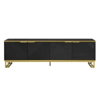 Modern TV Cabinet with 4 Geometric Embossed Doors and Open Top Shelf, Spacious TV Stand with Hidden Storage, 160L x 37.5W x 48H cm, Black(m-2)
