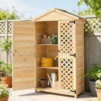 Outsunny Armario de Exterior de Madera con Techo Inclinado Asfalto 2 Puertas con Pestillo 2 Estantes 101,5x49x176 cm Natural(m-2)