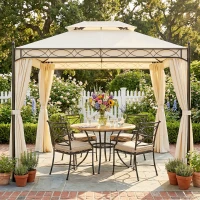 Outsunny Pérgola de Jardim 4x3 m com Telhado Duplo 4 Cortinas Estrutura de Aço 8 Orifícios de Drenagem Anti-UV Creme(m-7)