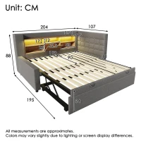 Upholstered Daybed with Pull-Out Trundle and Space-Saving Storage, Versatile Grey Linen Bed Frame with LED Lighting, 204L x 107W x 88H cm, Grey(m-3)