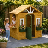 AIYAPLAY Outdoor Kids Playhouse, Wooden Wendy House with Door, 3 Windows, 2 Flower Boxes for Garden, Indoor Playroom(m-2)