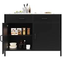 Standing Bar Table with Marble-Effect MDF Top and Solid Iron Legs, Marble Kitchen Island Table with Adjustable Shelves, 100L x 90W x 90H cm, Black(m-12)