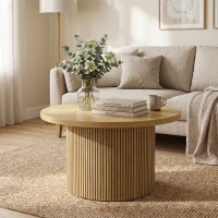 HOMCOM Table basse ronde en bois, table de salon avec piètement cannelé, style moderne, effet bois naturel(m-2)