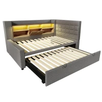 Upholstered Daybed with Pull-Out Trundle and Space-Saving Storage, Versatile Grey Linen Bed Frame with LED Lighting, 204L x 107W x 88H cm, Grey(m-13)