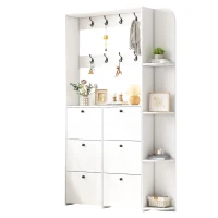 Coat Rack and Shoe Storage Cabinet with Shoe Cubbies, Space-Saving Hallway Storage Unit with Hinged Doors, 120L x 24W x 200H cm, White(m-14)