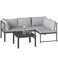 Outsunny Set da Giardino 3pz con Divano Angolare 4 Posti e Tavolino a Doghe, in Metallo e Poliestere Grigio(m-11)