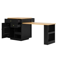 Extendable Kitchen Island with Storage and MDF Top, Space-Saving Dining Bar with Built-In Wine Rack, 195.5L x 70W x 94H cm, Black(m-9)