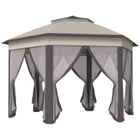 Outsunny Carpa Plegable 4x3,4 m con Doble Techo 6 Mosquiteras Extraíbles y Bolsa de Transporte Anti-UV Marrón y Beige(m-1)