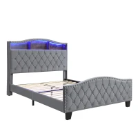 Upholstered 4ft6 Double Bed with Built-in Bedside Storage, Sturdy Storage Bed with Colourful LED Light Strip, 210L x 140.5W x 124H cm, Grey(m-12)