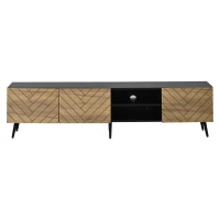 Modern Geometric TV Cabinet with Herringbone Fronts, Industrial-Style TV Stand with Solid Wood Legs, 180L x 33.5W x 45H cm, Black+Oak(m-2)