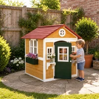 Outsunny Wooden Playhouse with Doors, Windows, Plant Pots, Boxes, for 3-8 Years - Beige(m-2)