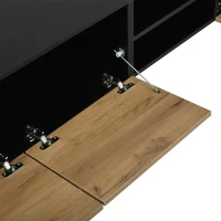 Modern Geometric TV Cabinet with Herringbone Fronts, Industrial-Style TV Stand with Solid Wood Legs, 180L x 33.5W x 45H cm, Black+Oak(m-9)