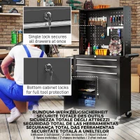HOMCOM Cărucior de Scule din Oțel cu Blat de Lucru, 3 Sertare, Dulap, Panouri Perforate, Roți, Negru(m-6)