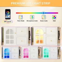 Extendable Kitchen Island with LED Colour Lighting, Space-Saving Dining Bar with 4 Drawers and Open Shelf, 195.5L x 70W x 93.5H cm, White(m-7)