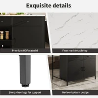Standing Bar Table with Marble-Effect MDF Top and Solid Iron Legs, Marble Kitchen Island Table with Adjustable Shelves, 100L x 90W x 90H cm, Black(m-6)