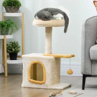 PawHut Albero Tiragraffi per Gatti con Posatoio e Casetta, in Legno, Peluche e Sisal, 40x30x72 cm, Beige e Giallo(m-2)
