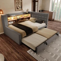Upholstered Daybed with Pull-Out Trundle and Space-Saving Storage, Versatile Grey Linen Bed Frame with LED Lighting, 204L x 107W x 88H cm, Grey(m-11)