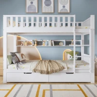 Space‑Saving Children's Bunk Bed with Safe Three-Step Ladder, Versatile Storage Bed with Under-Bed Sliding Drawers, 198L x 98W x 152H cm, White(m-1)