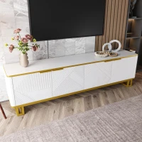 Modern TV Cabinet with 4 Geometric Embossed Doors and Open Top Shelf, Spacious TV Stand with Hidden Storage, 160L x 37.5W x 48H cm, White(m-5)