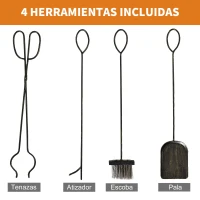 Outsunny Soporte para Leña de Metal con 4 Herramientas y Asas para Interior y Exterior 51,5x33x77 cm Negro Dorado(m-5)