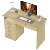 HOMCOM Bureau moderne avec 5 tiroirs, grand plateau, 1 compartiment ouvert, tiroir verrouillable, 110 x 50 x 76cm, chêne(m-12)