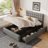 Elegant Upholstered Bed with Hydraulic Lift, Sturdy Storage Bed with 3 Storage Drawers, 202L x 148W x 100H cm, Grey(m-1)