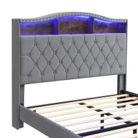 Upholstered 4ft6 Double Bed with Built-in Bedside Storage, Sturdy Storage Bed with Colourful LED Light Strip, 210L x 140.5W x 124H cm, Grey(m-9)