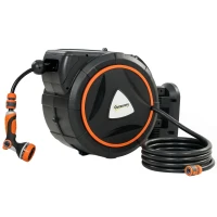 Outsunny Carrete de Manguera Retráctil 23+2 m con 12 Modos de Rociado Bloqueo Automático Retracción Controlada Soporte Naranja(m-1)