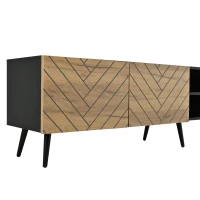 Modern Geometric TV Cabinet with Herringbone Fronts, Industrial-Style TV Stand with Solid Wood Legs, 180L x 33.5W x 45H cm, Black+Oak(m-8)